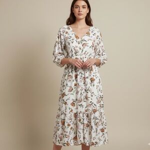 Brown and Orange V-neck‎ Sundress with Bishop Sleeves